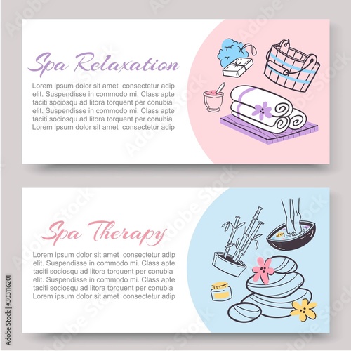 Spa relaxation for ladies health and beauty vector doodles illustration two banners. Spa and sauna relax, health club vouchers. Relaxing procedures for women.