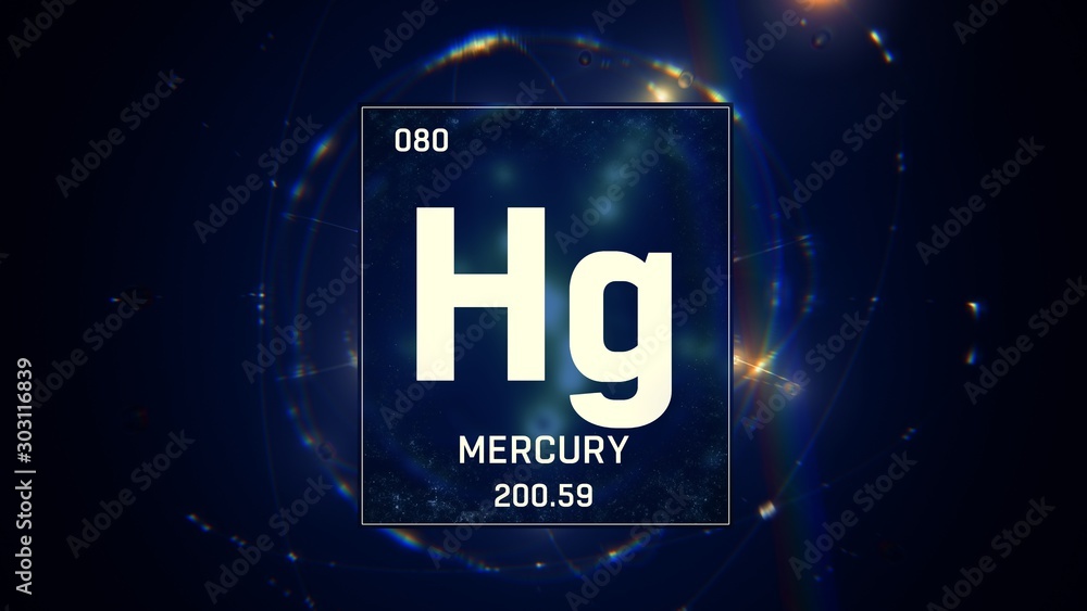 3D illustration of Mercury as Element 80 of the Periodic Table. Blue illuminated atom design background with orbiting electrons. Design shows name, atomic weight and element number 3D illustration of Mercury as Element 80 of the Periodic Table. Blue illuminated atom design background with orbiting electrons. Design shows name, atomic weight and element number