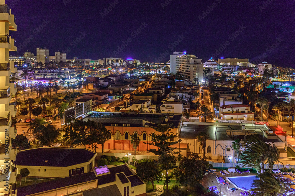 Fototapeta premium Aerial Night Photo On Las Americas Beach. April 11, 2019. Santa Cruz De Tenerife Spain Africa. Travel Tourism Street Photography.
