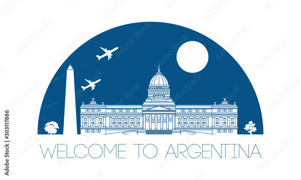 Argentina top top famous landmark silhouette and dome with blue color style, welcome to Taiwan,travel and tourism,vector illustration