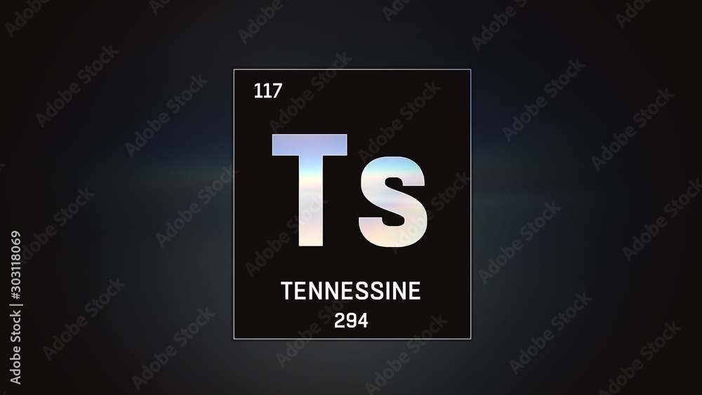 3D illustration of Tennessine as Element 117 of the Periodic Table. Grey illuminated atom design background with orbiting electrons. Design shows name, atomic weight and element number 3D illustration of Tennessine as Element 117 of the Periodic Table. Grey illuminated atom design background with orbiting electrons. Design shows name, atomic weight and element number