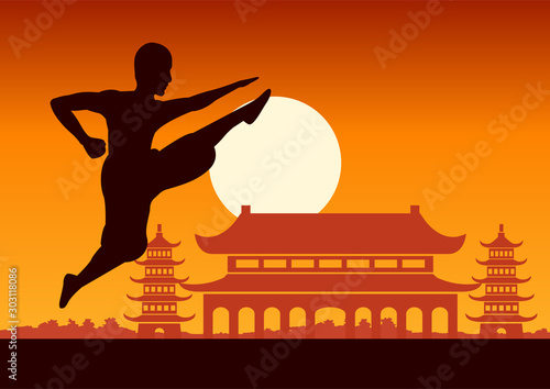 Chinese Boxing Kung Fu martial art famous sport,monk Train to fight,around with Chinese temple,sunset silhouette design