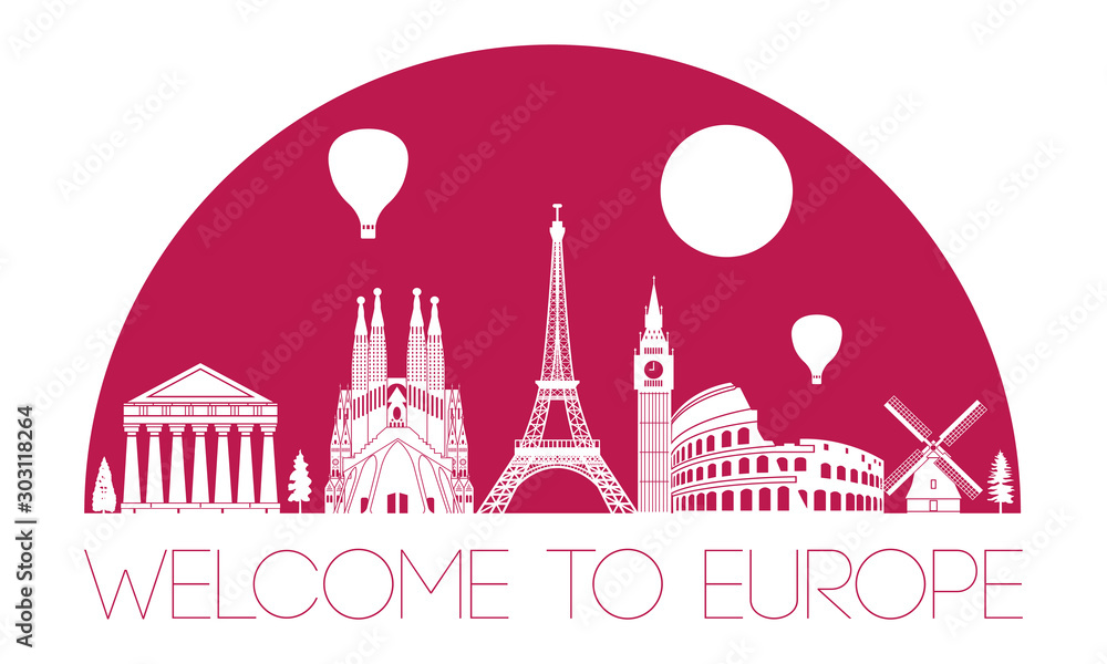 Europe top famous landmark silhouette in half circle shape with red color style,travel and tourism,vector illustration