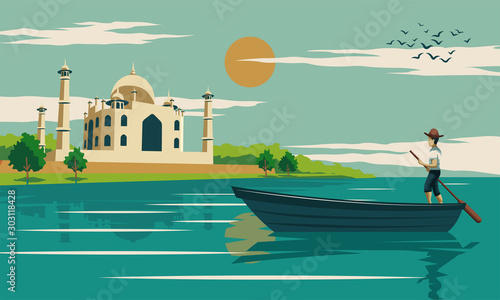 man row boat near by Taj mahal,symbol of love and famous landmark of the world,vintage color,vector illustration