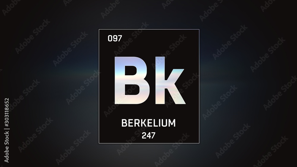 3D illustration of Berkelium as Element 97 of the Periodic Table. Grey illuminated atom design background with orbiting electrons. Design shows name, atomic weight and element number 3D illustration of Berkelium as Element 97 of the Periodic Table. Grey illuminated atom design background with orbiting electrons. Design shows name, atomic weight and element number