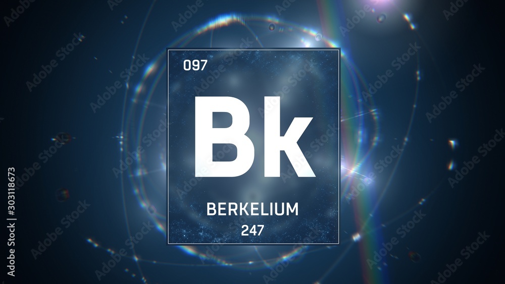 3D illustration of Berkelium as Element 97 of the Periodic Table. Blue illuminated atom design background with orbiting electrons. Design shows name, atomic weight and element number 3D illustration of Berkelium as Element 97 of the Periodic Table. Blue illuminated atom design background with orbiting electrons. Design shows name, atomic weight and element number