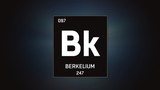 3D illustration of Berkelium as Element 97 of the Periodic Table. Grey illuminated atom design background with orbiting electrons. Design shows name, atomic weight and element number