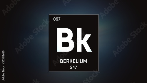 3D illustration of Berkelium as Element 97 of the Periodic Table. Grey illuminated atom design background with orbiting electrons. Design shows name, atomic weight and element number