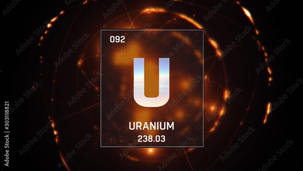 3D illustration of Uranium as Element 92 of the Periodic Table. Orange illuminated atom design background with orbiting electrons. Design shows name, atomic weight and element number - obrazy, fototapety, plakaty 