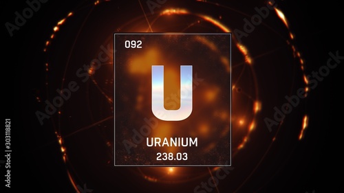 3D illustration of Uranium as Element 92 of the Periodic Table. Orange illuminated atom design background with orbiting electrons. Design shows name, atomic weight and element number photo