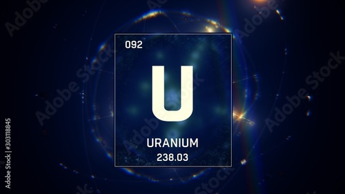 3D illustration of Uranium as Element 92 of the Periodic Table. Blue illuminated atom design background with orbiting electrons. Design shows name, atomic weight and element number photo