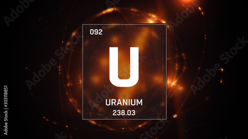 3D illustration of Uranium as Element 92 of the Periodic Table. Orange illuminated atom design background with orbiting electrons. Design shows name, atomic weight and element number photo