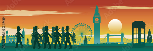 English soldier,red telephone box,Big Ben and famous land mark of England on sunset time,silhouette design,vector illustration 