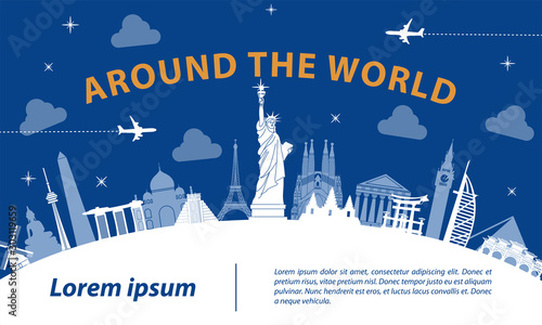world top famous landmark silhouette style on white curve,trip and tourism,vector illustration