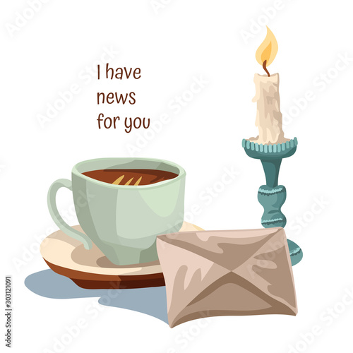 Candle and mug with drink, letter with the message of sad news, condolence