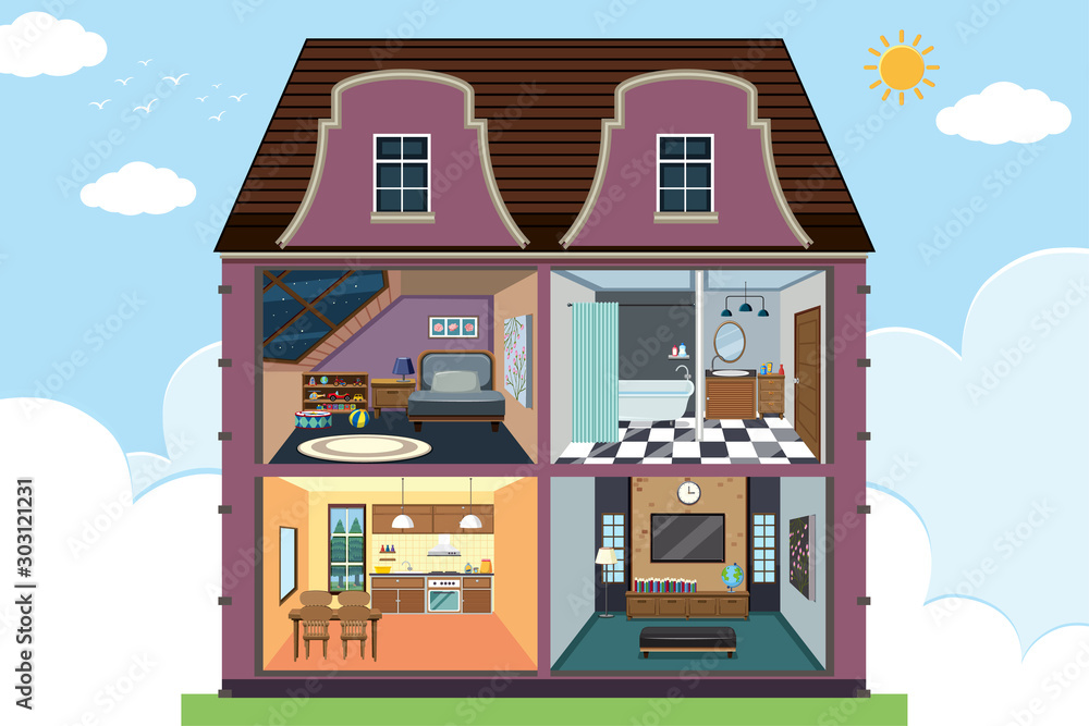 Four rooms in the house with furnitures Four rooms in the house with furnitures