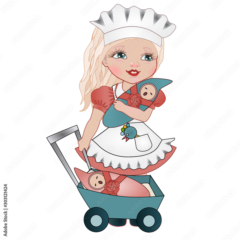 a girl nanny in a apron and a cap holding a baby in her arms, and the other  child lies in a stroller, color clip-art on a white isolated background  Stock Vector