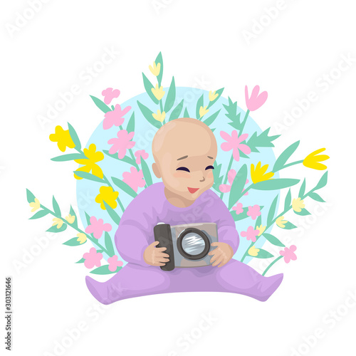 Baby boy holds house in hand. Vector character designe