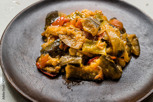 Turkish Food Saksuka with Eggplant with Tomatoes and Olive Oil. / Patlican Cigirtma.