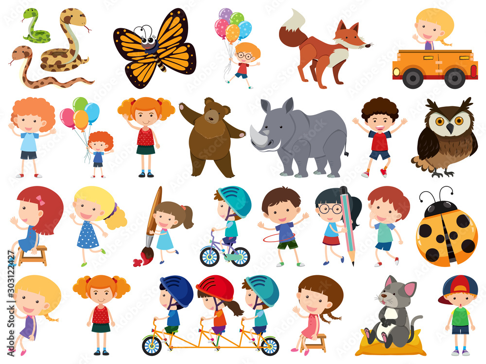 Set of isolated objects theme animals and kids Set of isolated objects theme animals and kids