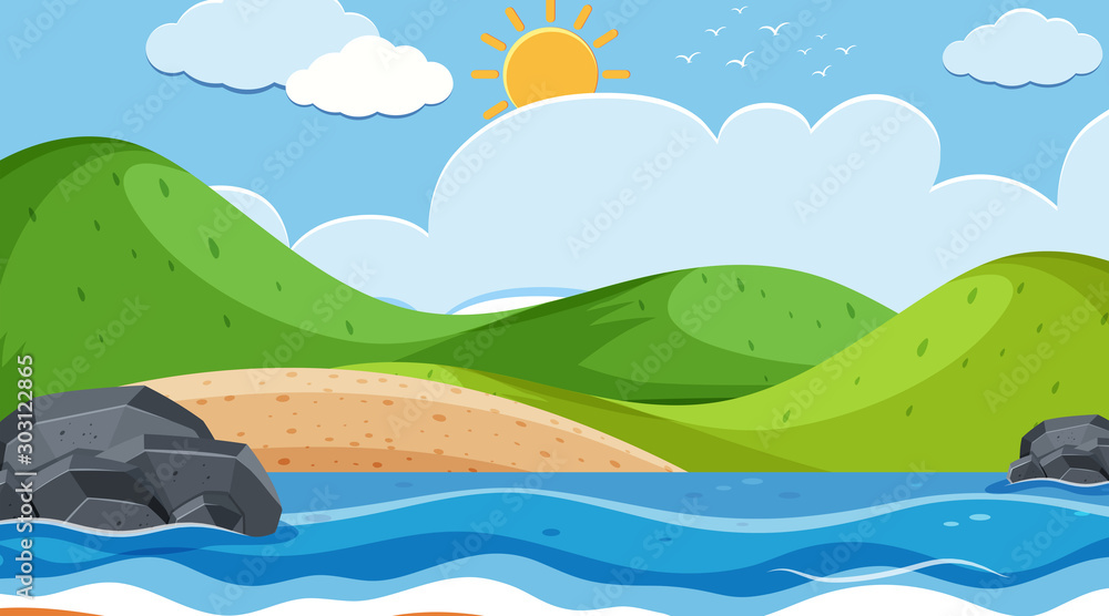 Landscape background design of seaside with small hills