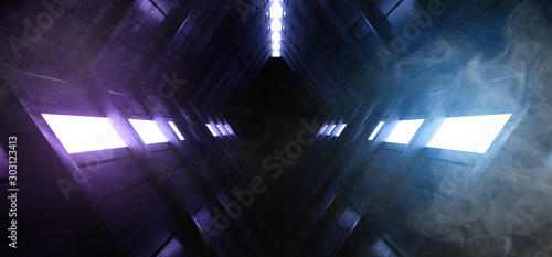Smoke Fog Steam Alien Corridor Underground Spaceship Tunnel Glowing Led Laser Lights Purple Blue Vibrant Dark Night Cyber Virtual 3D Rendering
