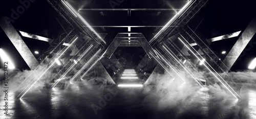 Smoke Fog Futuristic Sci Fi Concrete Triangle Columns Construction Stage Tunnel Alien Spaceship Corridor Dark Night Led Laser White Lights Glowing 3D Rendering
