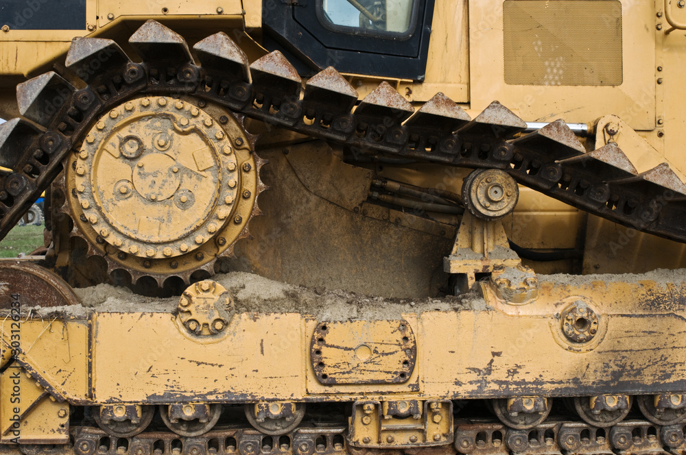 Detail of bulldozer, a heavy construction machine.