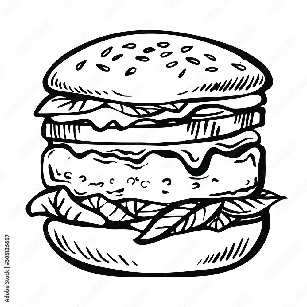 Hand drawn sketch Cheeseburger or Hamburger. Fast food ink doodle illustration. Hand drawn sketch Cheeseburger or Hamburger. Fast food ink doodle illustration.