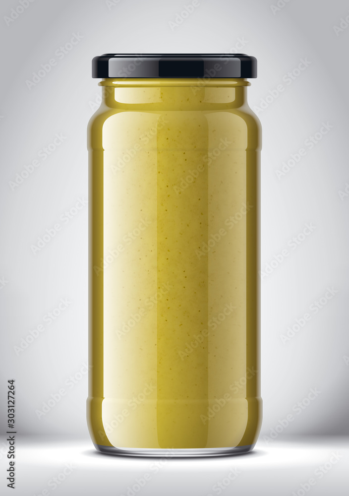 Glass Jar with Mustard on Background. Glass Jar with Mustard on Background.