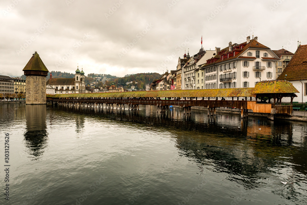 Lucerne historic city center view of famous Chapel Bridge and lake Vierwaldstattersee, Canton of Lucerne, Switzerland