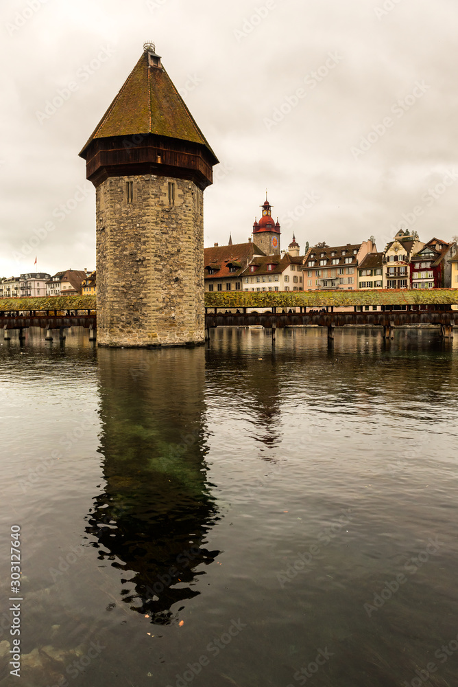 Lucerne historic city center view of famous Chapel Bridge and lake Vierwaldstattersee, Canton of Lucerne, Switzerland