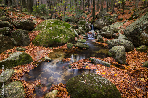 Autumn mood in nature by waterfalls in Jizera Mountains, Czech Republic