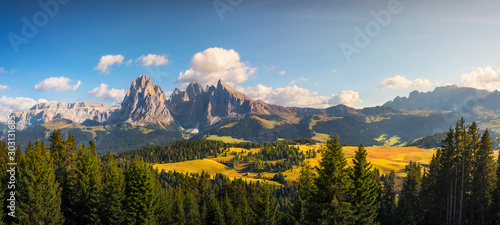 Foto Alpe di Siusi or Seiser Alm and Sassolungo mountain, Dolomites Alps, Italy