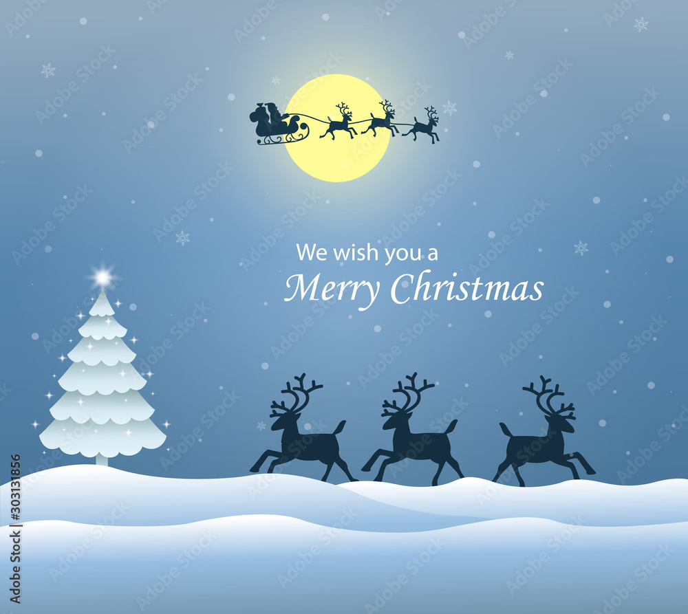  Illustration of a white Christmas tree in winter. Santa Claus flies on Christmas Eve. View of yellow moon and Reindeer. Merry Christmas greeting card.