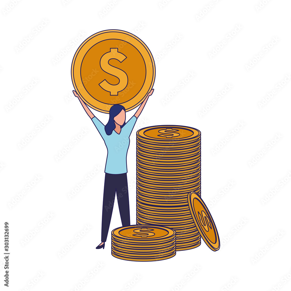 stack of coins and avatar business woman holding a money coin Stock Vector   Adobe Stock