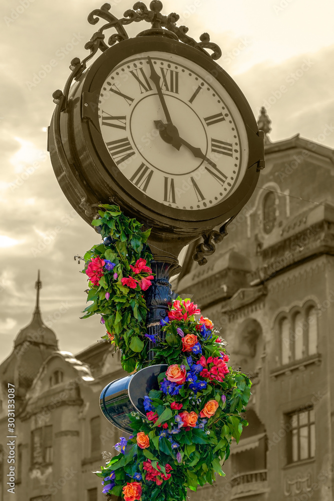 Floral decorations with old clock in Timisoara, Romania