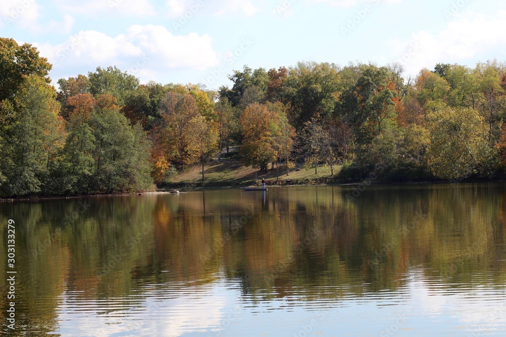 A view of the calm lake on a sunny autumn day.