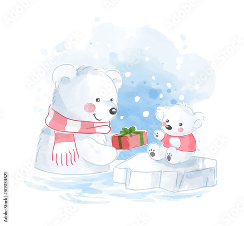 polar bear family with present illustration © mykrit