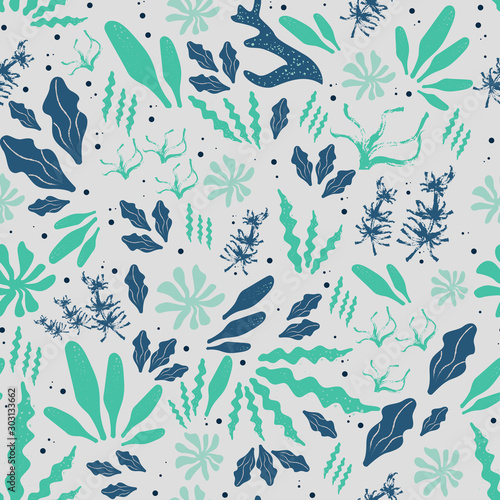 Underwater seamless pattern with various blue green seaweed, corals in flat style on grey background. Endless kid texture with hand drawn undersea world. Nautical backdrop. illustration