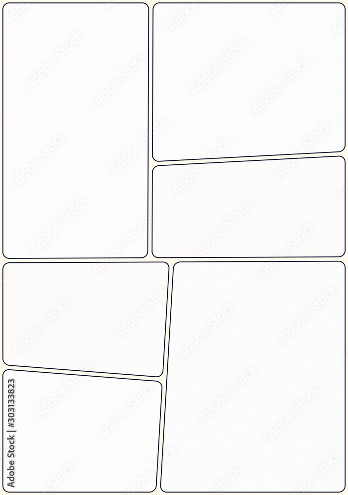 Ready manga storyboard layout template to create appealing comic book. 6 rounded areas, classic design, nice look. Print out in A4. Comic production efficiency when creating attractive stories