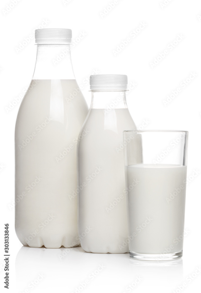 Bottles and glass containing milk drink, isolated on white background Bottles and glass containing milk drink, isolated on white background