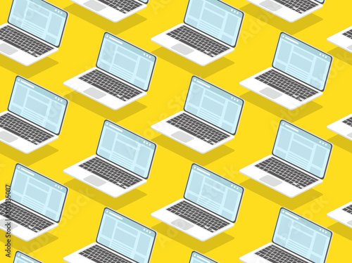 Laptop seamless flat isometric pattern for background. Modern vector 3D illustration. Technology and social media concept for web and banner design. Analysis data and Investment. Business success.