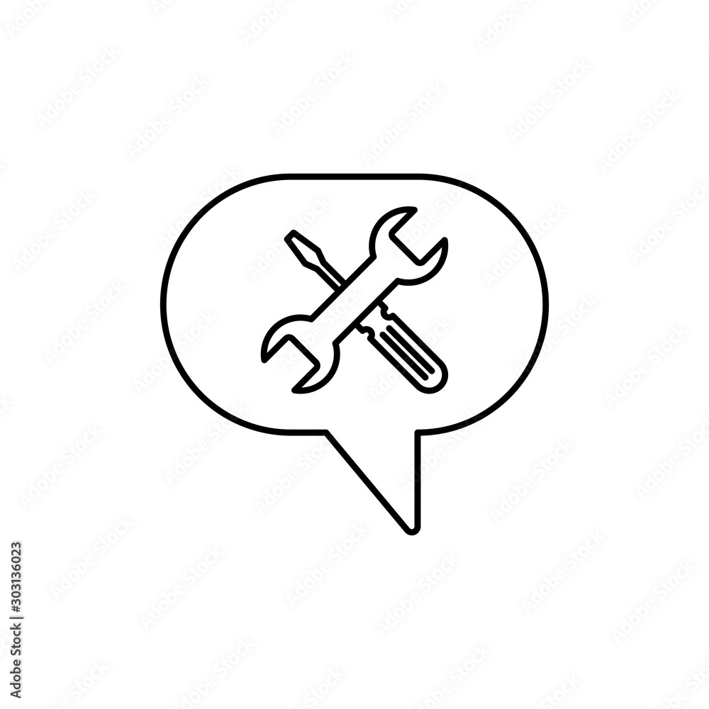 Speech bubble with wrench and screwdriver icon. Outline thin line flat illustration. Isolated on white background. Speech bubble with wrench and screwdriver icon. Outline thin line flat illustration. Isolated on white background.