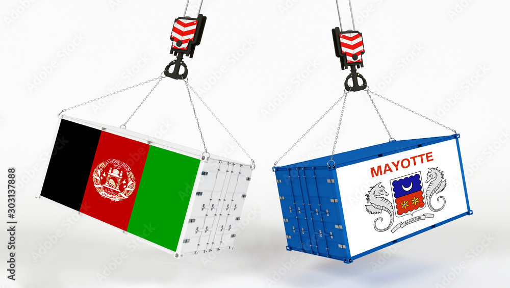 Obraz premium Mayotte and Afghanistan flags on opposing cargo containers. International trade theme, import and export concept between two countries.
