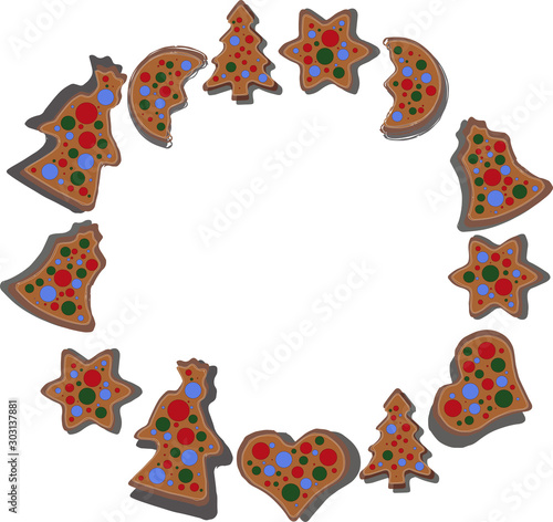 Christmas design elements for custom wreath decoration. Xmas template. Vector eps10 illustration. Christmas gingerbread wreath, with colorful bright candies, New Year pattern, holiday background