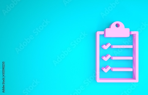 Pink Clipboard with checklist icon isolated on blue background. Minimalism concept. 3d illustration 3D render