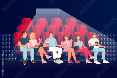 Friends watching comedy movie in cinema and eating popcorn. Flat cartoon vector illustration.