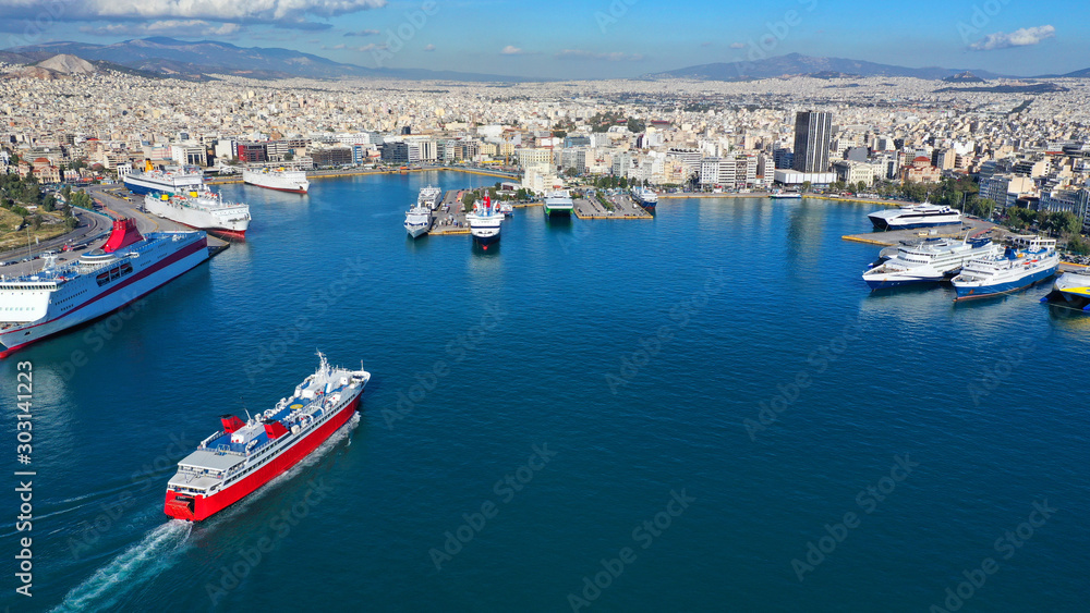 Aerial drone panoramic photo of famous busy port of Piraeus which is the largest in Greece and Mediterranean sea, Attica