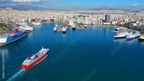 Aerial drone panoramic photo of famous busy port of Piraeus which is the largest in Greece and Mediterranean sea, Attica © aerial-drone